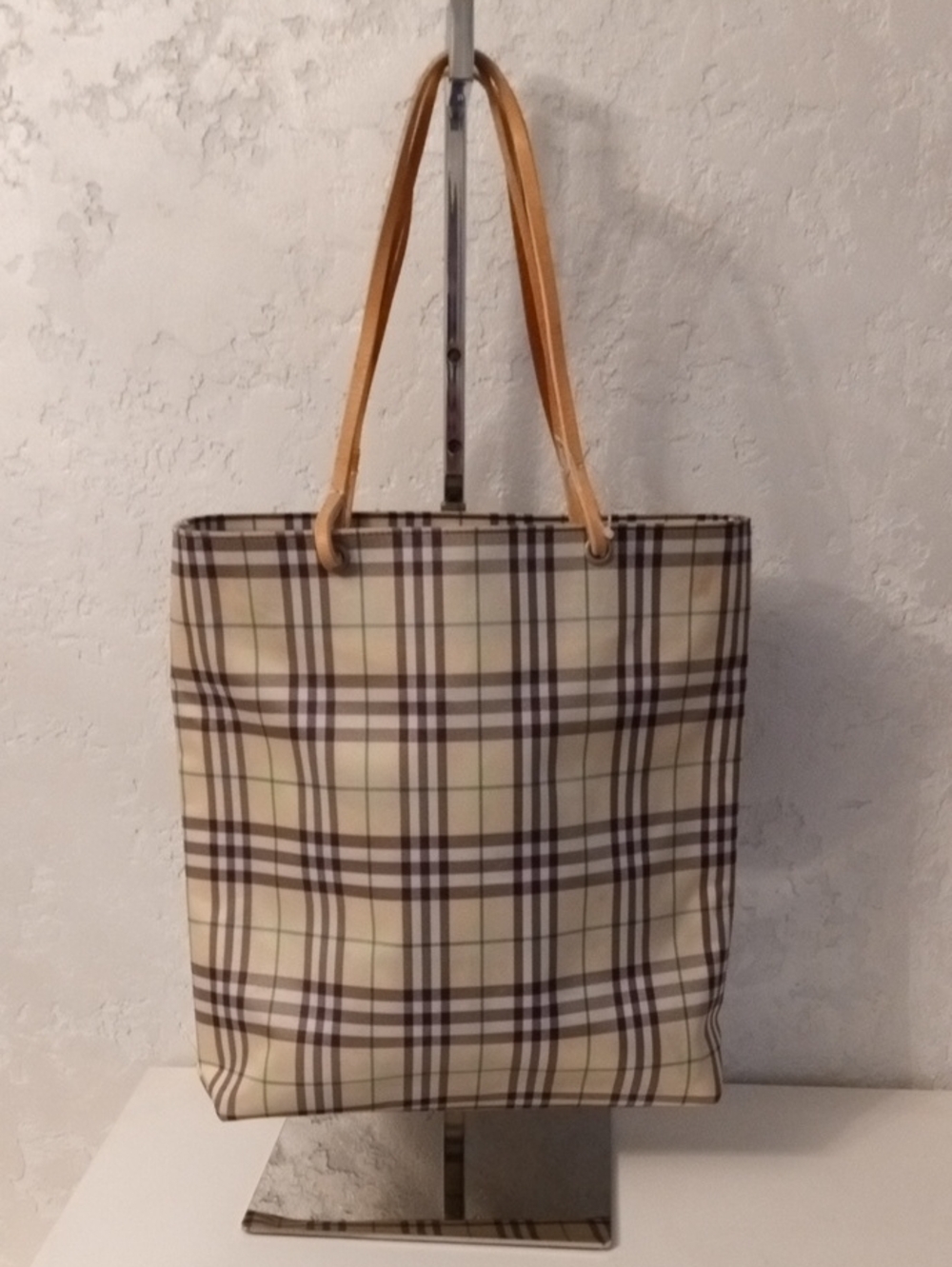 Burberry Plaid Beige Tote Bag with Tan Straps